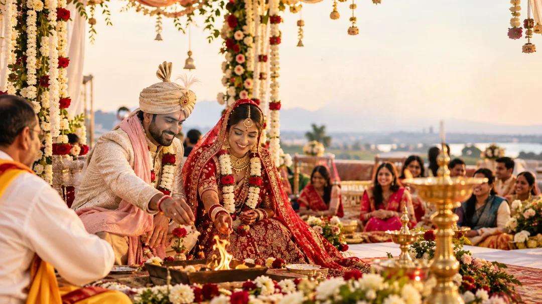 Traditional Indian wedding ceremony under a decorated mandap