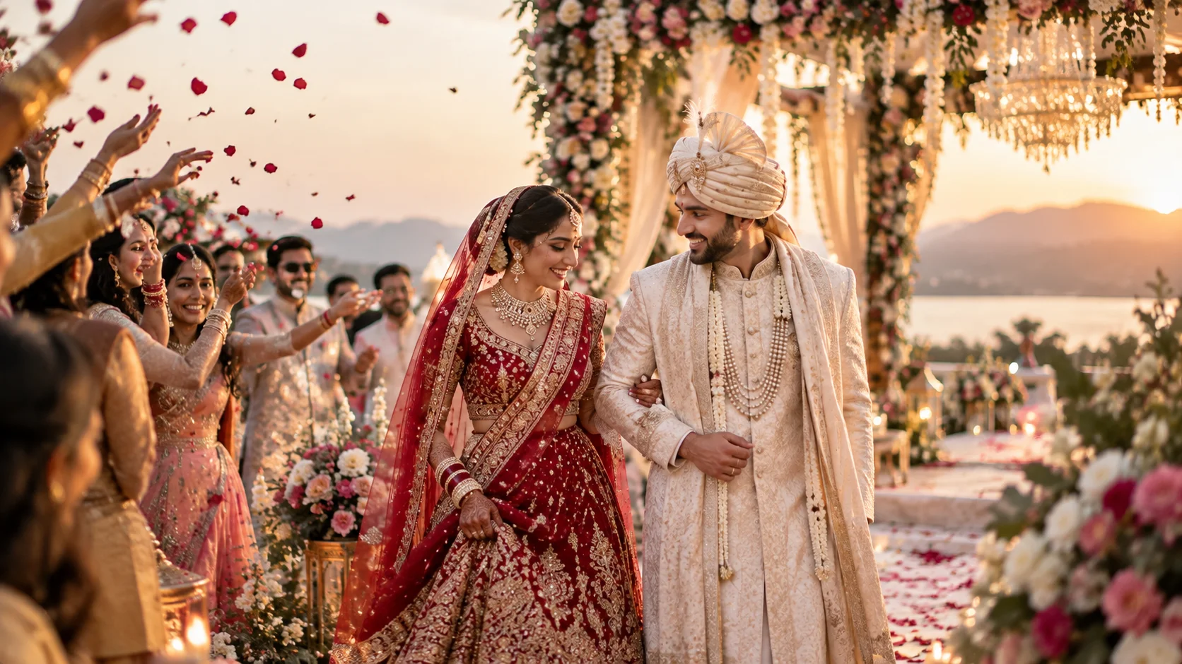 Bride and groom at a traditional Indian wedding ceremony under a decorated mandap